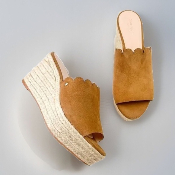 KATE SPADE Tabby Espadrille Sandals Brown Tan Suede Wedge Plaform Mules 9.5 - Picture 2 of 9